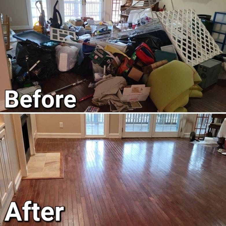 Before and after photo of a room, showing clutter removed to reveal clean hardwood floors.